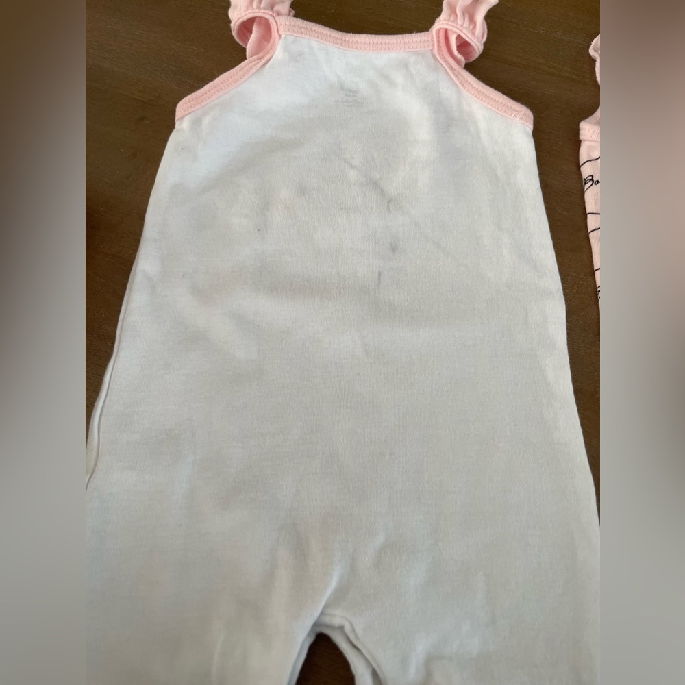 HB Set of 3 Ruffle Sleeve Short Rompers 0-3M-Pink Bonjour, Bulldog Bonjour, Dots - Picture 3 of 8
